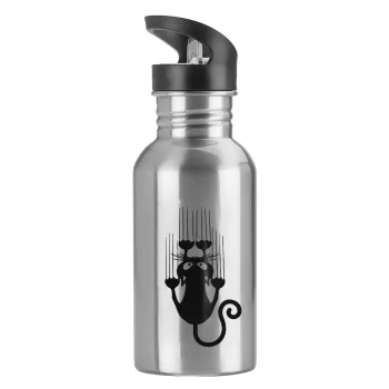 Cat scratching, Water bottle Silver with straw, stainless steel 600ml