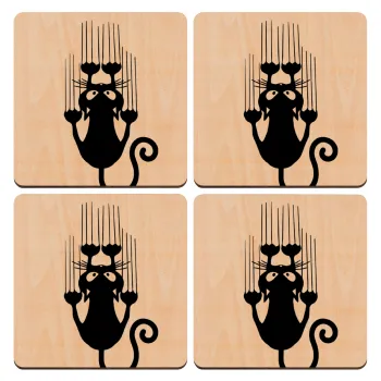 Cat scratching, ΣΕΤ x4 Σουβέρ ξύλινα τετράγωνα plywood (9cm)
