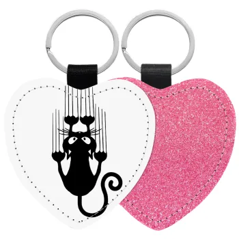 Cat scratching, Μπρελόκ PU δερμάτινο glitter καρδιά ΡΟΖ