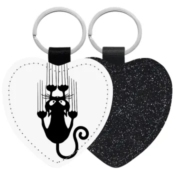 Cat scratching, Μπρελόκ PU δερμάτινο glitter καρδιά ΜΑΥΡΟ