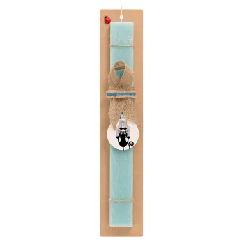 Cat scratching, Easter Set, wooden keychain & aromatic flat Easter candle (30cm) (TURQUOISE)