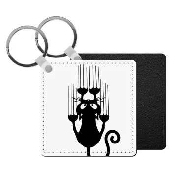Cat scratching, Μπρελόκ Δερματίνη, τετράγωνο ΜΑΥΡΟ (5x5cm)