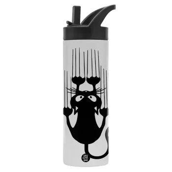 Cat scratching, Metallic thermos bottle with straw & handle, stainless steel (Stainless steel 304), double-walled, 600ml.