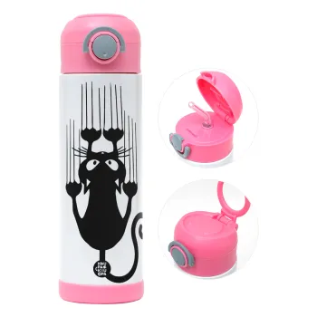 Cat scratching, Children's hot water bottle, stainless steel, with safety straw, PINK (500ml)