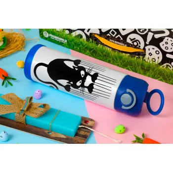 Cat scratching, Easter candle, Childrens hot water bottle, stainless steel, with safety straw, BLUE (500ml)
