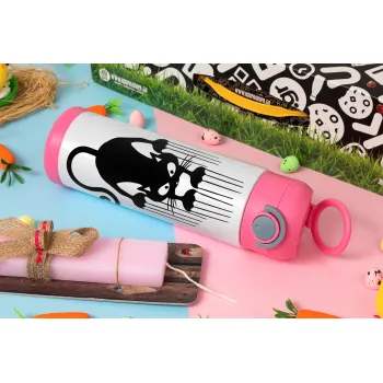 Cat scratching, Πασχαλινή Λαμπάδα με Παιδικό παγούρι θερμό, ανοξείδωτο, με καλαμάκι ασφαλείας, ΡΟΖ (500ml)