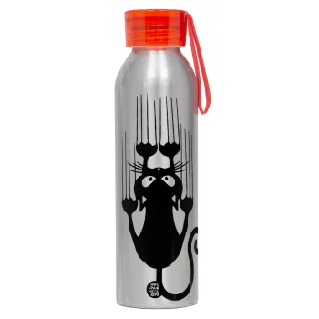 Cat scratching, Aluminum Sports Bottle 650ml – Silver with Red Cap and Silicone Strap