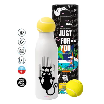 Cat scratching, Tennis ball Metal mug thermos White, double wall, 550ml