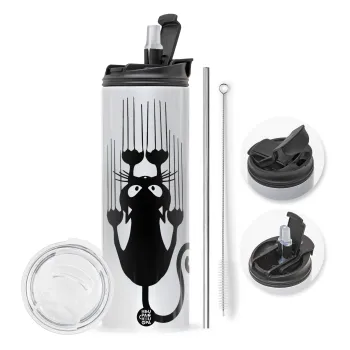 Cat scratching, Travel Tumbler θερμό με διπλό καπάκι, μεταλλικό καλαμάκι και βούρτσα καθαρισμού (Ανωξείδωτο 304 Food grade, BPA free, 600ml)