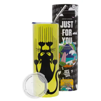 Cat scratching, Neon Yellow Travel Tumbler θερμό, μεταλλικό καλαμάκι(Ανωξείδωτο 304 Food grade, BPA free, 600ml)