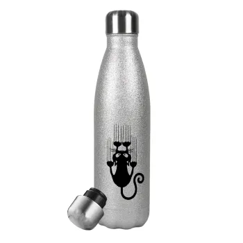 Cat scratching, Metallic Glitter Silver Thermos Flask (Stainless steel), double-walled, 500ml