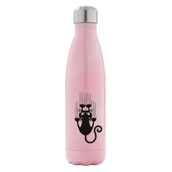 Cat scratching, Metal mug thermos Pink Iridiscent (Stainless steel), double wall, 500ml