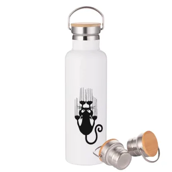 Cat scratching, Μεταλλικό παγούρι θερμός (Stainless steel) Λευκό με ξύλινο καπάκι (bamboo), διπλού τοιχώματος, 750ml