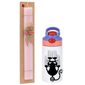 Cat scratching, Easter Set, Children's thermal stainless steel water bottle with safety straw, pink/purple (350ml) & Easter scented flat candle (30cm) (PINK)