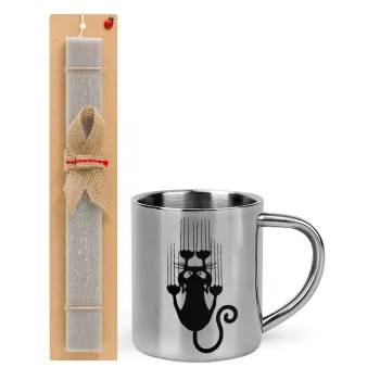 Cat scratching, Easter Set, metallic thermal cup (300ml) & Easter aromatic flat candle (30cm) (GRAY)