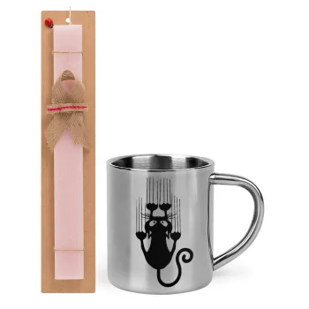 Cat scratching, Easter Set, metallic thermal cup (300ml) & aromatic flat Easter candle (30cm) (PINK)