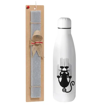 Cat scratching, Easter Set, metallic stainless thermos bottle (500ml) & scented flat Easter candle (30cm) (GRAY)
