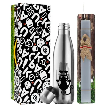 Cat scratching, Easter Set, metallic stainless thermos flask (500ml) & scented flat Easter candle (30cm) (GRAY)