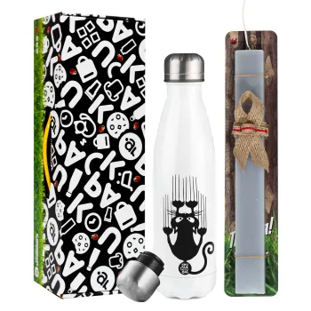 Cat scratching, Easter candle, metallic white thermos bottle (500ml) & aromatic flat candle (30cm) (GRAY)