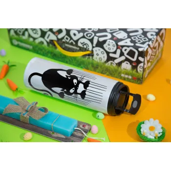 Cat scratching, Πασχαλινή Λαμπάδα με Travel Tumbler θερμό με διπλό καπάκι (600ml, BPA free) & κερί αρωματικό πλακέ (30cm) (ΤΙΡΚΟΥΑΖ)