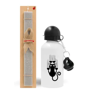 Cat scratching, Easter Set, metallic aluminum water bottle (500ml) & aromatic flat Easter candle (30cm) (GRAY)