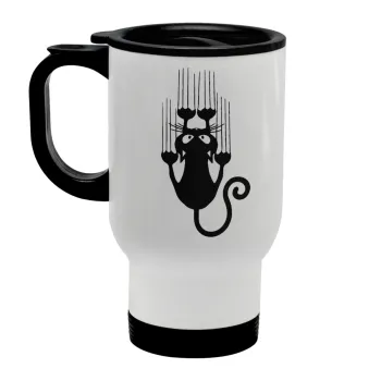 Cat scratching, Κούπα ταξιδιού ανοξείδωτη με καπάκι, διπλού τοιχώματος (θερμό) λευκή 450ml