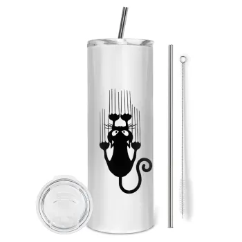 Cat scratching, Tumbler ποτήρι θερμό από ανοξείδωτο ατσάλι 600ml, με μεταλλικό καλαμάκι & βούρτσα καθαρισμού