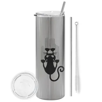 Cat scratching, Tumbler stainless steel Silver 600ml, with metal straw & cleaning brush