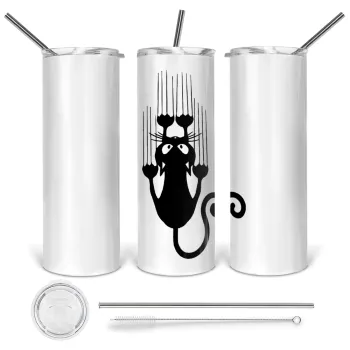 Cat scratching, Tumbler ποτήρι θερμό από ανοξείδωτο ατσάλι 600ml, με μεταλλικό καλαμάκι & βούρτσα καθαρισμού