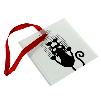Cat scratching, Christmas ornament, glass square ornament 9x9cm