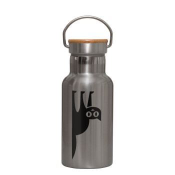 Cat upside down, Stainless steel metallic thermos flask, silver with a bamboo lid, double-walled, 350ml.