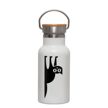 Cat upside down, Metallic thermos (Stainless steel) White with wooden lid (bamboo), double-walled, 350ml