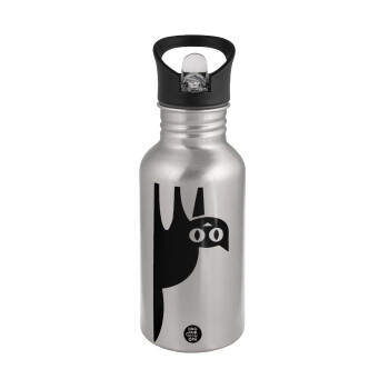 Cat upside down, Water bottle Silver with straw, stainless steel 500ml