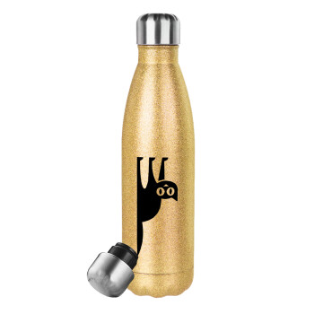 Cat upside down, Glitter gold stainless steel thermos bottle, double-walled, 500ml
