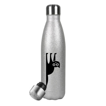 Cat upside down, Metallic Glitter Silver Thermos Flask (Stainless steel), double-walled, 500ml