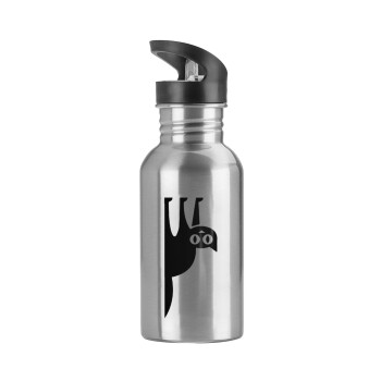 Cat upside down, Water bottle Silver with straw, stainless steel 600ml