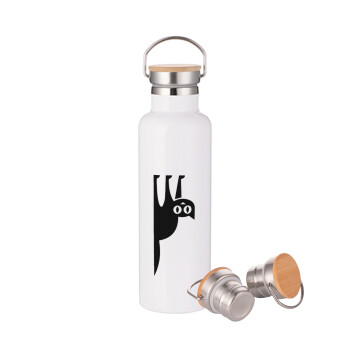 Cat upside down, Stainless steel White with wooden lid (bamboo), double wall, 750ml