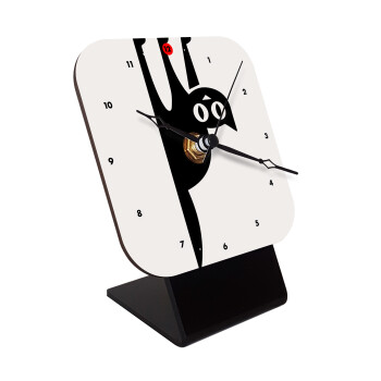 Cat upside down, Quartz Wooden table clock with hands (10cm)