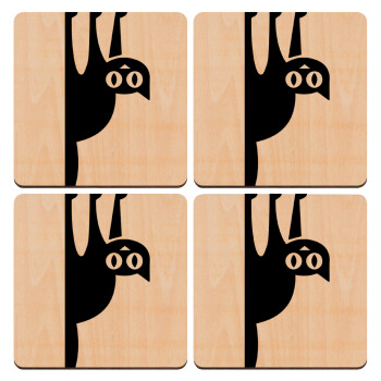 Cat upside down, ΣΕΤ x4 Σουβέρ ξύλινα τετράγωνα plywood (9cm)