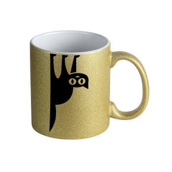 Cat upside down, Κούπα Χρυσή Glitter που γυαλίζει, κεραμική, 330ml
