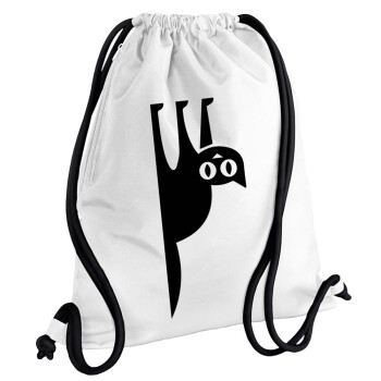 Cat upside down, Τσάντα πλάτης πουγκί GYMBAG λευκή, με τσέπη (40x48cm) & χονδρά κορδόνια
