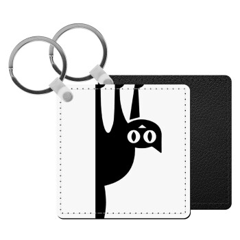 Cat upside down, Μπρελόκ Δερματίνη, τετράγωνο ΜΑΥΡΟ (5x5cm)