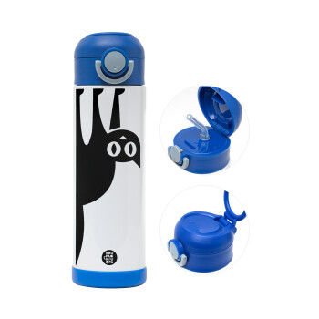 Cat upside down, Children's hot water bottle, stainless steel, with safety straw, BLUE (500ml)