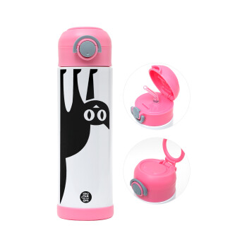 Cat upside down, Children's hot water bottle, stainless steel, with safety straw, PINK (500ml)