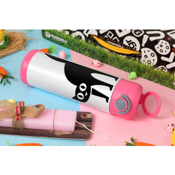 Cat upside down, Πασχαλινή Λαμπάδα με Παιδικό παγούρι θερμό, ανοξείδωτο, με καλαμάκι ασφαλείας, ΡΟΖ (500ml)