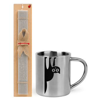 Cat upside down, Πασχαλινή Λαμπάδα με μεταλλική κούπα θερμό (300ml) & κερί αρωματικό πλακέ (30cm) (ΓΚΡΙ)