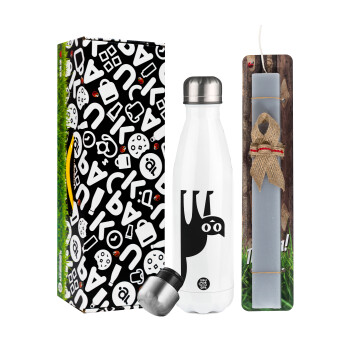 Cat upside down, Easter candle, metallic white thermos bottle (500ml) & aromatic flat candle (30cm) (GRAY)