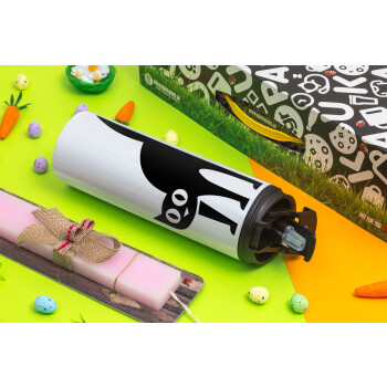 Cat upside down, Easter candle,Travel Tumbler 2 Lids, with metal straw & cleaning brush & aromatic flat candle (30cm) (PINK)