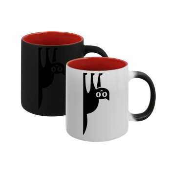 Cat upside down, Κούπα Μαγική εσωτερικό κόκκινο, κεραμική, 330ml που αλλάζει χρώμα με το ζεστό ρόφημα