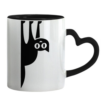 Cat upside down, Mug heart black handle, ceramic, 330ml